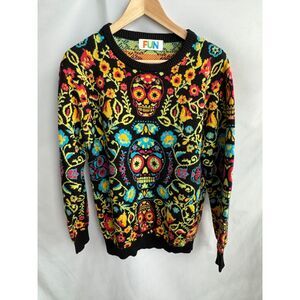 Fun Knit Dia De Los Muertos Sweater Colorful Size L Unisex Day of Dead Crewneck